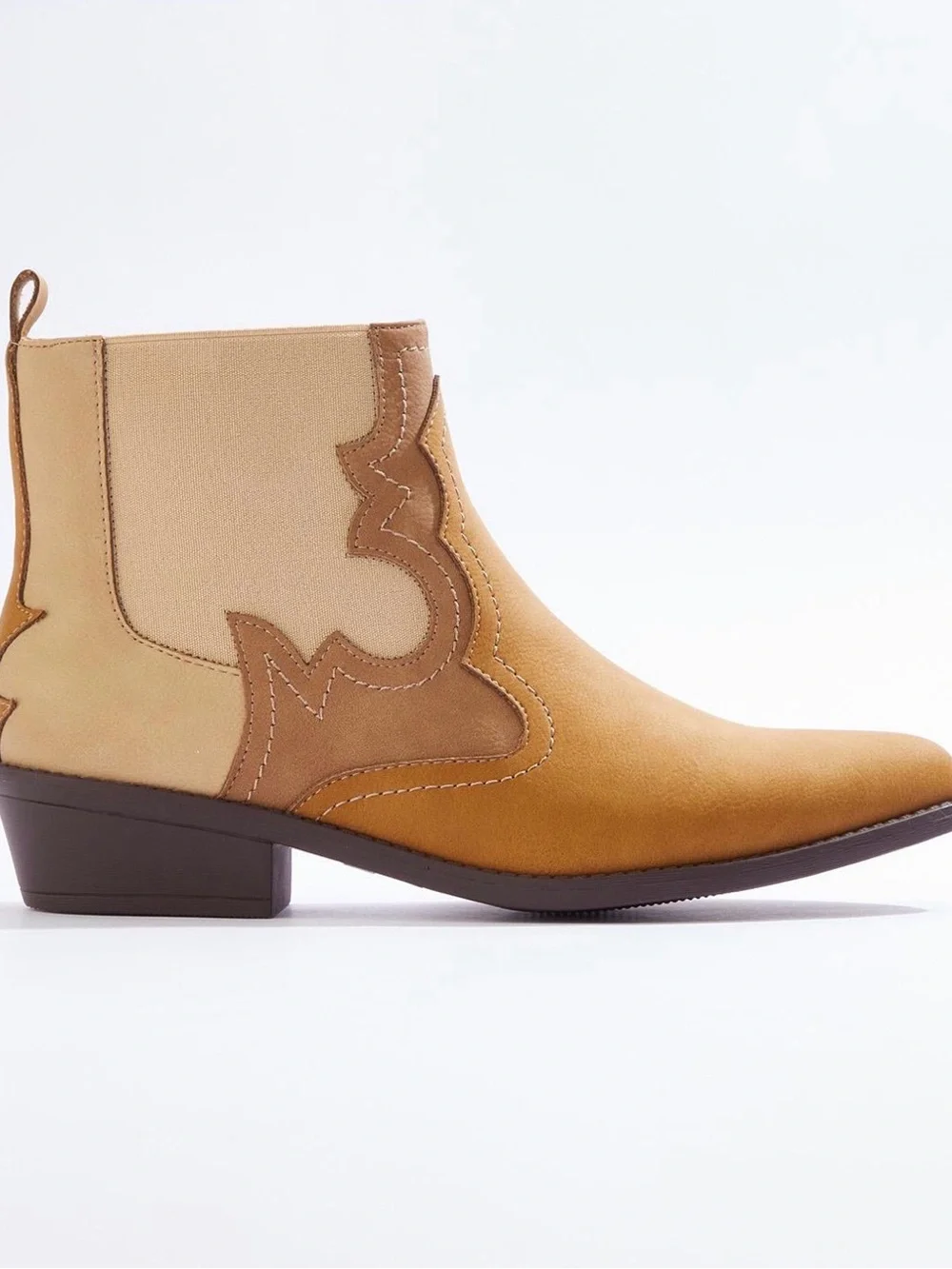 Women's Tan Western side gore Ankle Boot faux leather 1.5 inch heel